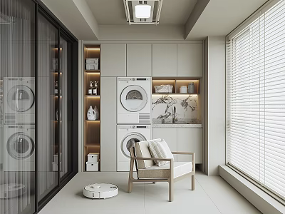 Modern Home Balcony Space With Washing Machines Storage Cabinets Leisure Chair Robot Vacuum And Blinds 3d model