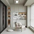 Modern Home Balcony Space With Washing Machines Storage Cabinets Leisure Chair Robot Vacuum And Blinds