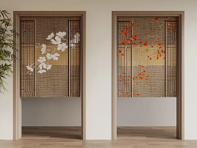 Traditional Japanese Doors With White Red Floral Woven Bamboo And Wooden Frames In Interior Design 3d model