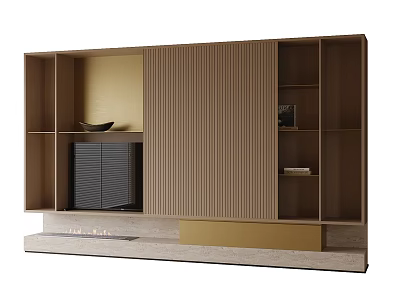 Modern Brown TV Cabinet with Vertical Stripe Design Open Side Shelves and Light Lower Countertop 3d model
