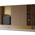 Modern Brown TV Cabinet with Vertical Stripe Design Open Side Shelves and Light Lower Countertop