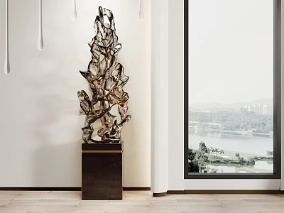 Abstract Metal Sculpture With Intricate Design On Black Base In Modern Room With Window View 3d model