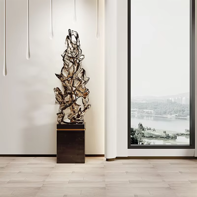Abstract Metal Sculpture With Intricate Design On Black Base In Modern Room With Window View 3d model