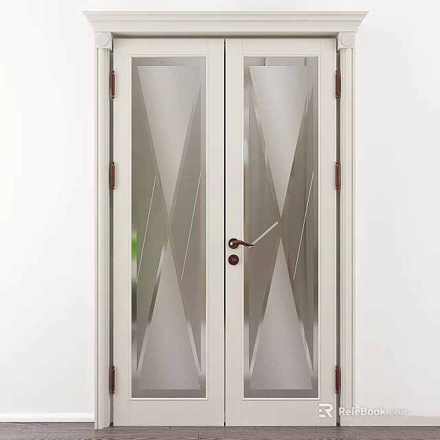 White Double Doors With Geometric Patterned Glass And Classic Handle Design 3d model 