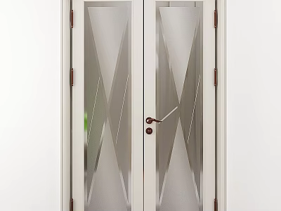White Double Doors With Geometric Patterned Glass And Classic Handle Design 3d model
