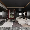 Black Living and Dining Room Interior With L Shaped Sofa Round Coffee Table Open Kitchen 3d model