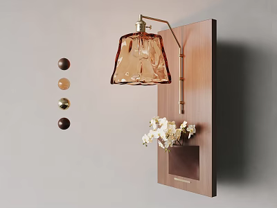 Elegant Wall Lamp With Wooden Backboard Amber Glass Shade Decorative Balls And White Flowers 3d model