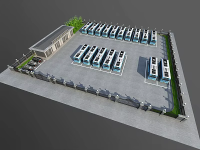 Bus Station With Neatly Arranged Buses Building And Green Plants Parking Area 3d model