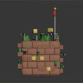 Cartoon Brick Tower Scene with Red Flag Green Grass Yellow Question Marks Characters and Coins