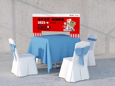 Event Setup Table And Chair Set With Blue Tablecloth White Chairs Blue Bows 3d model