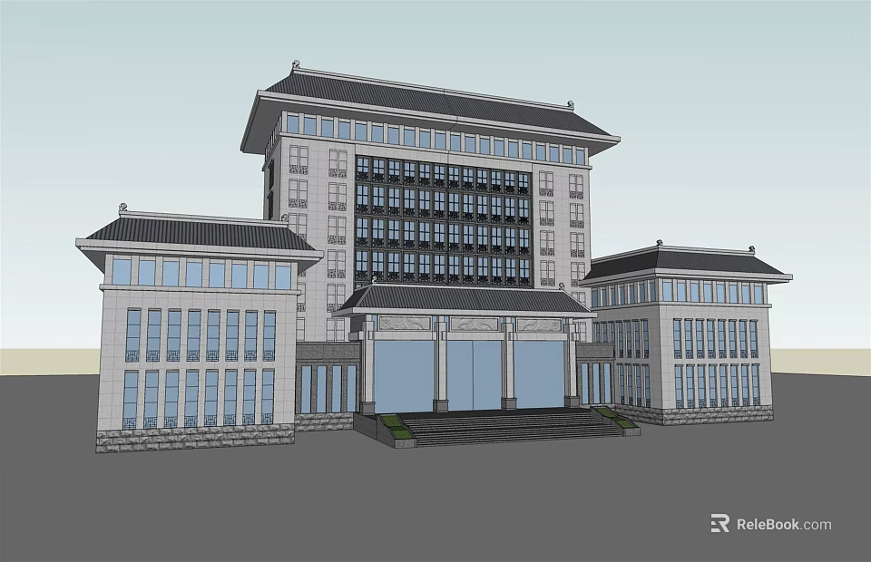 Chinese Style Multi Story Building Exterior With Traditional Roof Front Entrance And Stone Steps 3d model 