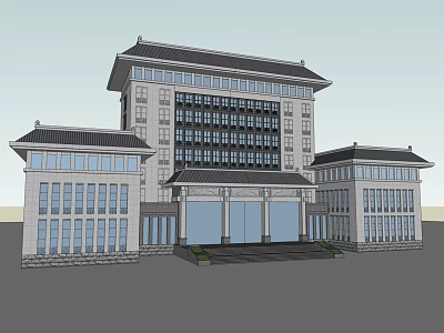 Chinese Style Multi Story Building Exterior With Traditional Roof Front Entrance And Stone Steps 3d model