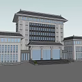 Chinese Style Multi Story Building Exterior With Traditional Roof Front Entrance And Stone Steps