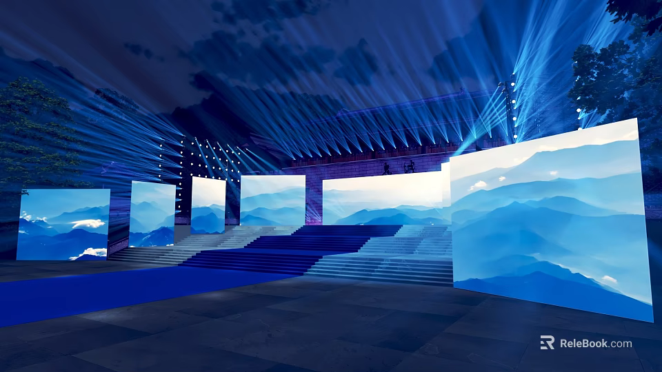 Modern Indoor Stage With Blue Lighting Projection Screens Mountain Patterns And Ceiling Design 3d model