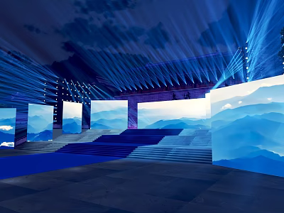 Modern Indoor Stage With Blue Lighting Projection Screens Mountain Patterns And Ceiling Design 3d model