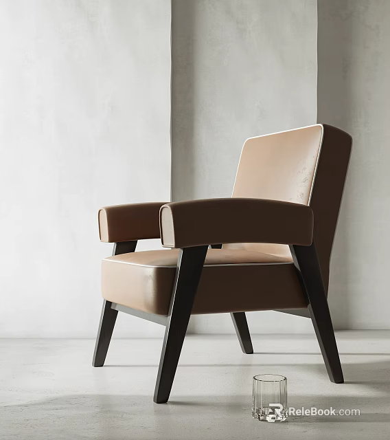 Tan Upholstered Armchair With Dark Wooden Legs Against Light Gray Walls 3d model 