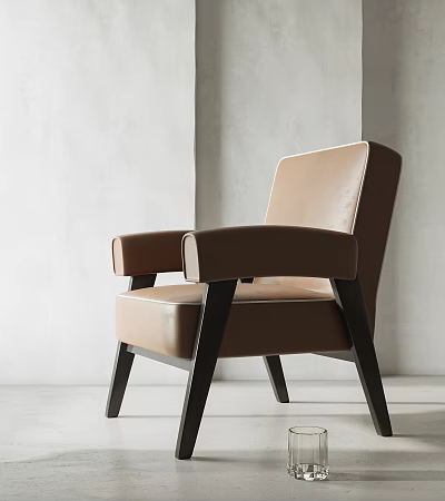 Tan Upholstered Armchair With Dark Wooden Legs Against Light Gray Walls 3d model