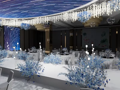 Elegant Banquet Hall Interior With Crystal Chandeliers Blue Floral Decor And White Stage 3d model