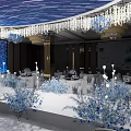Elegant Banquet Hall Interior With Crystal Chandeliers Blue Floral Decor And White Stage