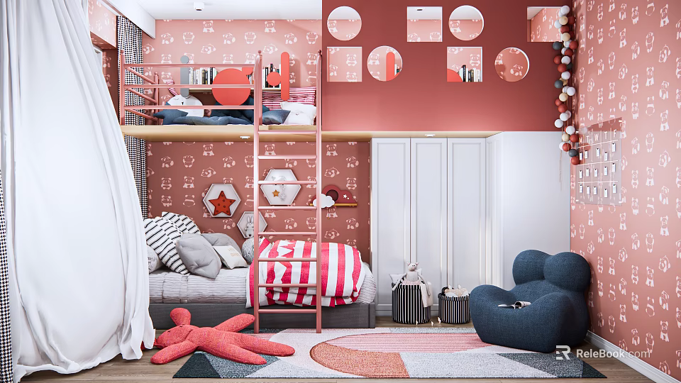 Pink Walled Kids Room With Bunk Bed Ladder Star Decor Striped Quilt and Round Mirrors 3d model 