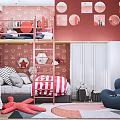 Pink Walled Kids Room With Bunk Bed Ladder Star Decor Striped Quilt and Round Mirrors