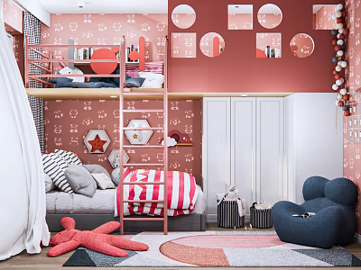 Pink Walled Kids Room With Bunk Bed Ladder Star Decor Striped Quilt and Round Mirrors 3d model