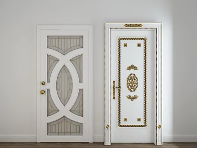 White Swing Doors With Glass Design And Golden Decorative Patterns For Interior 3d model