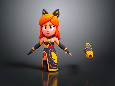 3D Animated Game Movie Character with Orange Hair Cat Ears Black Yellow Outfit and Blaster 3d model