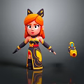 3D Animated Game Movie Character with Orange Hair Cat Ears Black Yellow Outfit and Blaster