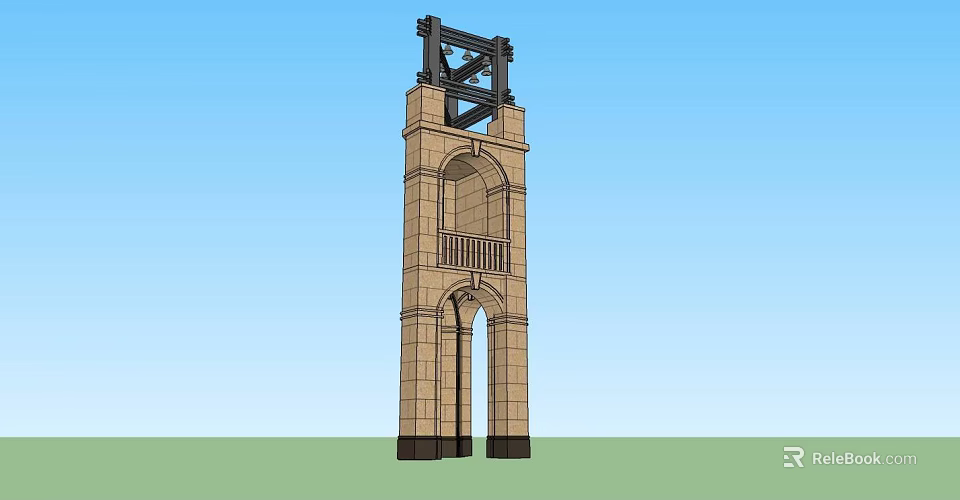 Brick Tower with Arched Design Black Metal Frame and Balcony Railings 3d model 