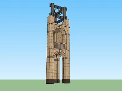 Brick Tower with Arched Design Black Metal Frame and Balcony Railings 3d model