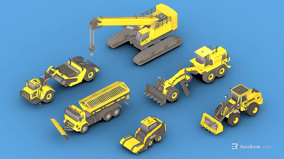 Yellow Construction Vehicles with Crane Bulldozer Dump Truck and Loader on Blue Background 3d model 