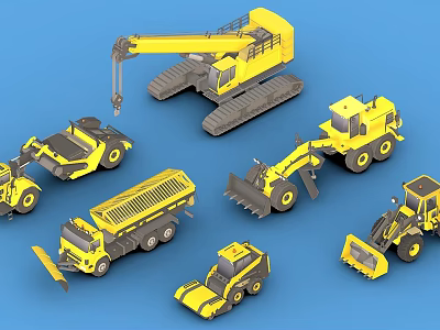 Yellow Construction Vehicles with Crane Bulldozer Dump Truck and Loader on Blue Background 3d model