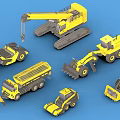 Yellow Construction Vehicles with Crane Bulldozer Dump Truck and Loader on Blue Background