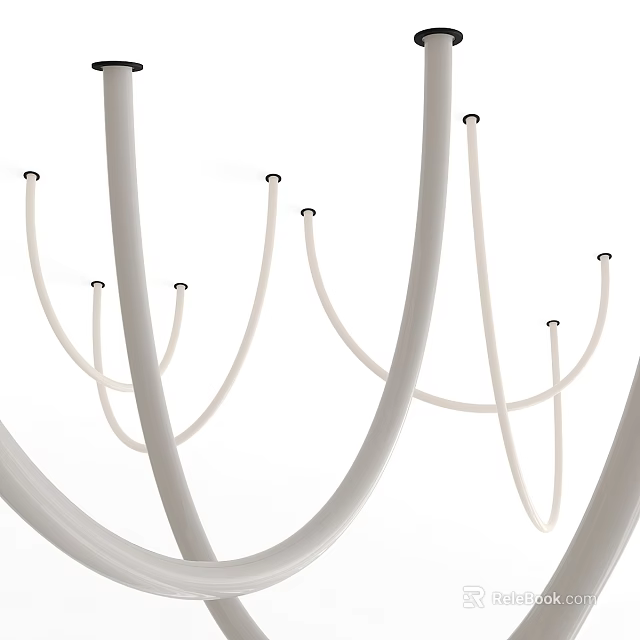 Modern Chandelier with Multiple Curved White Tubes and Small Black Lamp Heads in Elegant Design 3d model 
