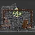 Scenic Medieval Setting with Stone Walls Stained Glass Window Wooden Bench and Metal Container