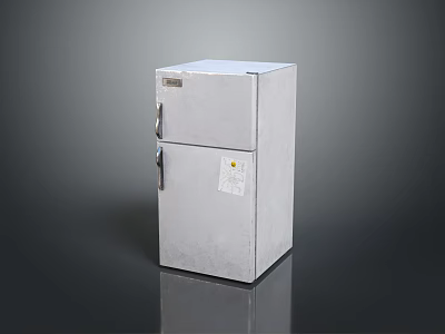 Silver Double Door Fridge Freezer With Metallic Surface And Label On Dark Background 3d model