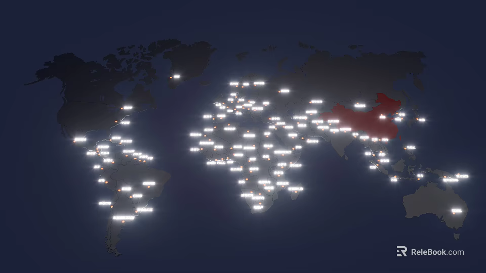 World Map Showing Global Illuminated Points and Red Highlighted China Region 3d model 