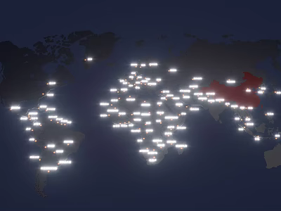 World Map Showing Global Illuminated Points and Red Highlighted China Region 3d model