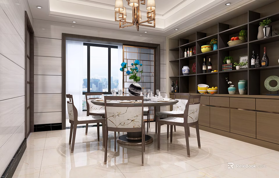Modern Restaurant Interior With Dining Table Chairs Chandelier Wine Cabinet And City View 3d model 