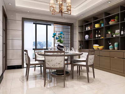 Modern Restaurant Interior With Dining Table Chairs Chandelier Wine Cabinet And City View 3d model