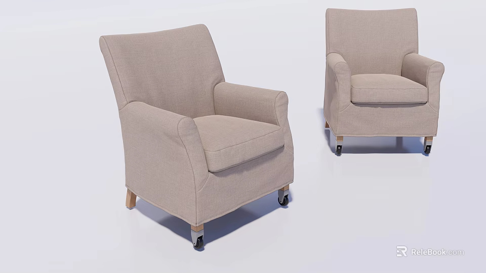 Beige Fabric Single Sofa With Armrests And Rolling Wheels Modern Design 3d model