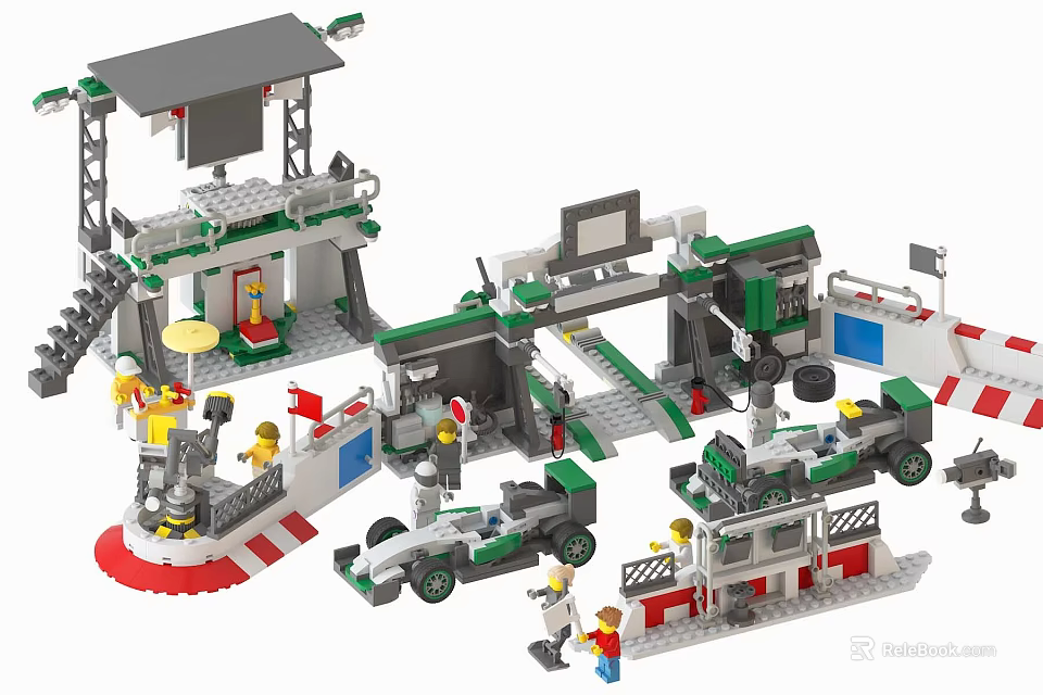 Building Blocks Race Car Pit Stop Garage Set With Minifigures Race Car And Track Elements 3d model 