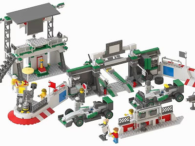 Building Blocks Race Car Pit Stop Garage Set With Minifigures Race Car And Track Elements 3d model