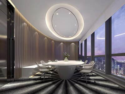Modern Conference Room With Round Table White Chairs Large Windows City View And Wooden Walls 3d model