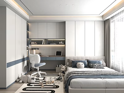 Tatami Bedroom Interior Design With Bed Desk White Chair Stuffed Toys Storage Cabinets And Curtains 3d model