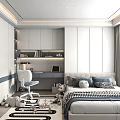 Tatami Bedroom Interior Design With Bed Desk White Chair Stuffed Toys Storage Cabinets And Curtains