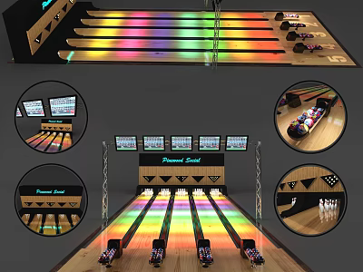 Bowling Sports Equipment with Colorful Lit Lanes Pin Setters and Score Screens 3d model