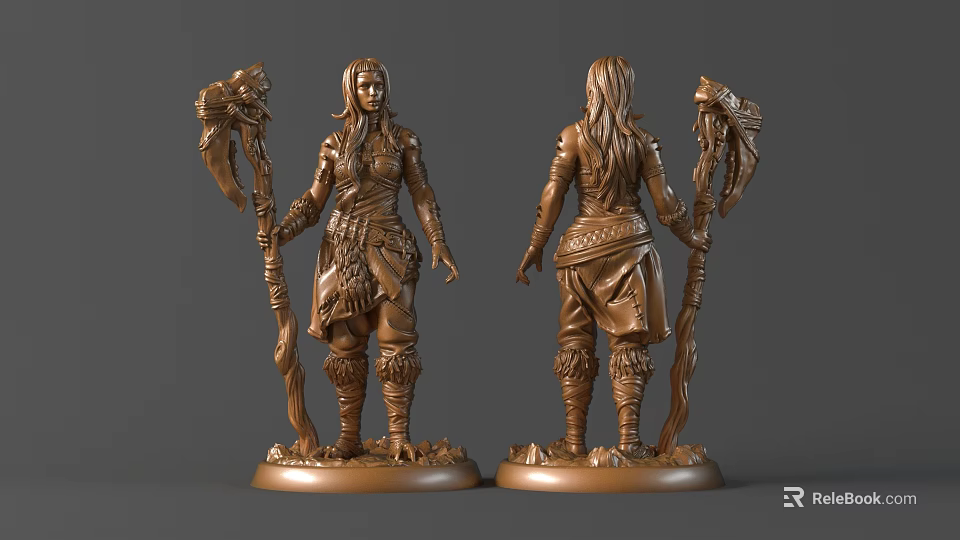 Detailed Female Figure Sculpture Carving With Decorative Staff Long Hair And Intricate Costume Details 3d model 