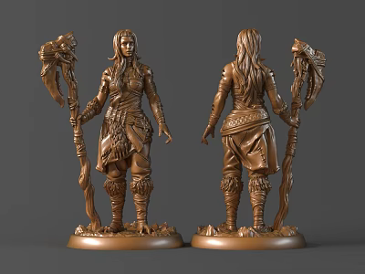 Detailed Female Figure Sculpture Carving With Decorative Staff Long Hair And Intricate Costume Details 3d model